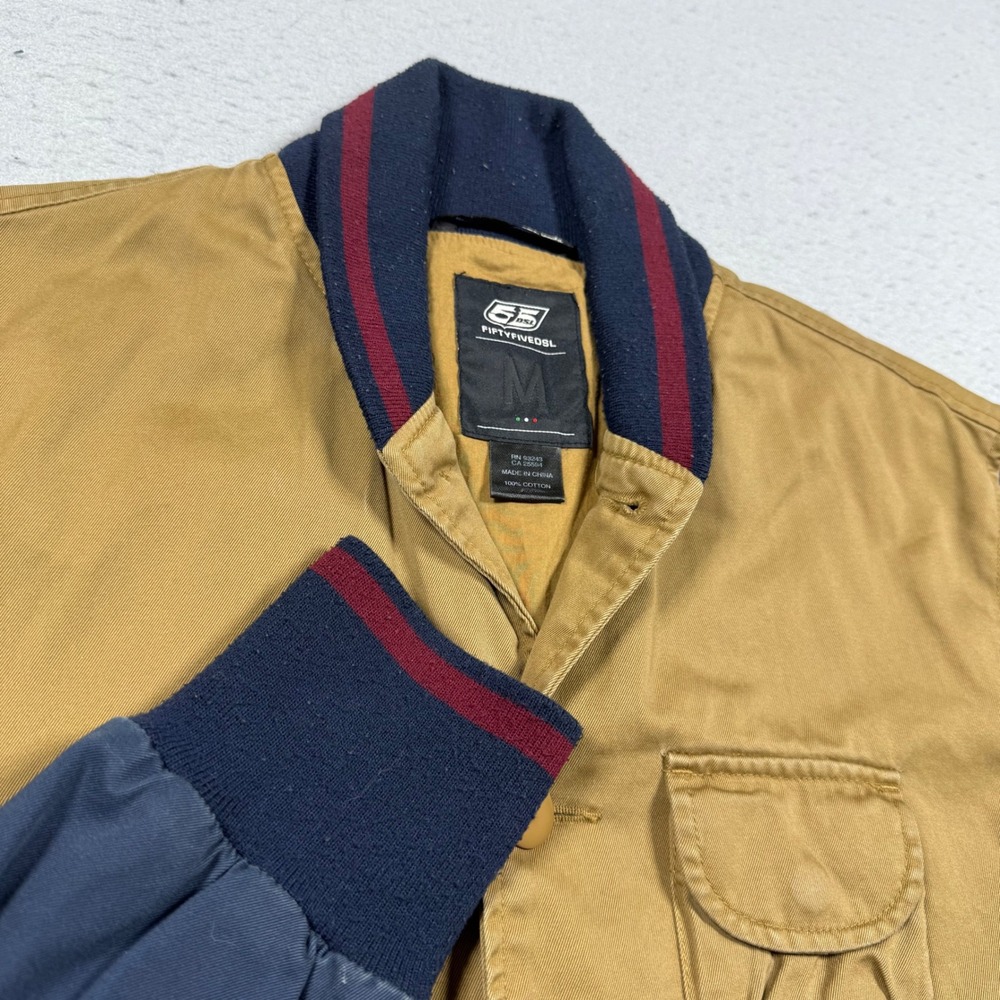FiftyFiveDSL Mens Varsity Jacket Tan Navy Blue Cotton Button Up Bomber Coat M